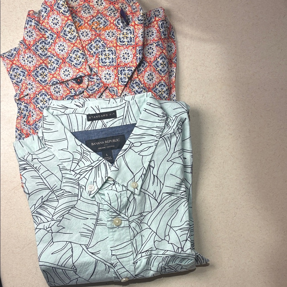 Banana Republic Men's Patterned  Shirt & Alan Flusser Blue/Orange short sleeve L